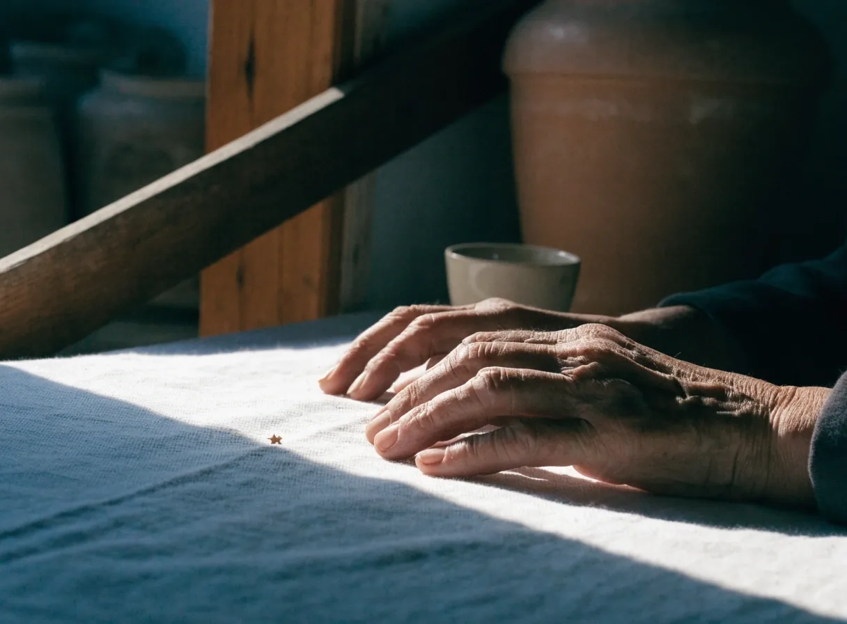 Manos de una persona mayor sobre un mantel de hilo en una cocina de pueblo, con luz de primera hora