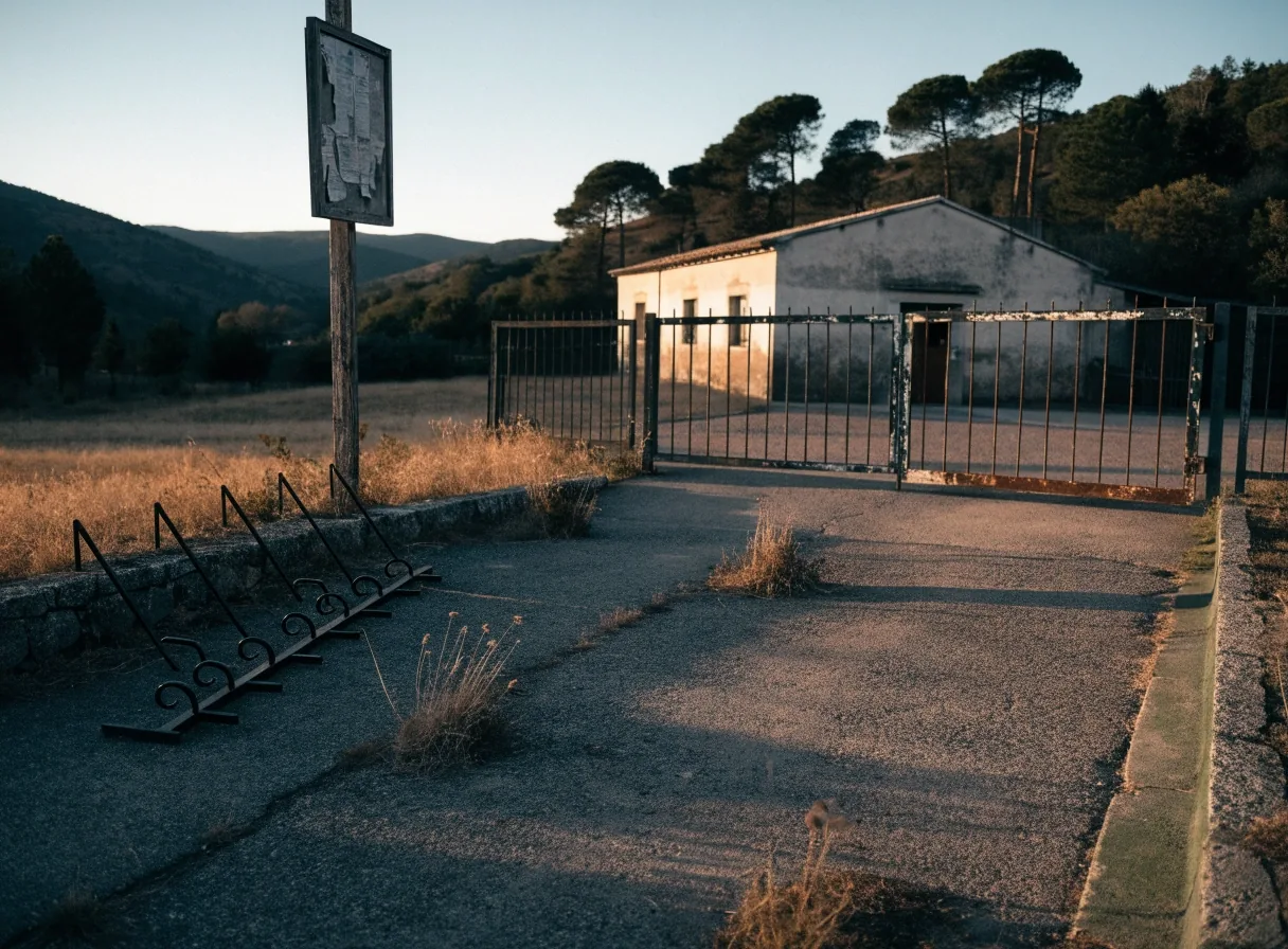 Plaza vacía de un pueblo del interior con un banco de piedra en primer plano