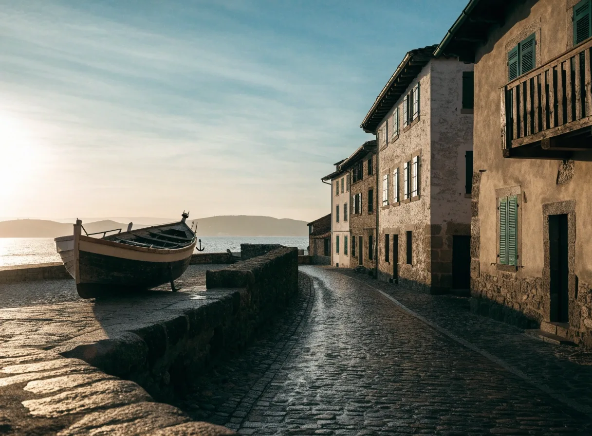 Calle de una comarca de Castilla y León al amanecer, con luz baja entrando por la izquierda