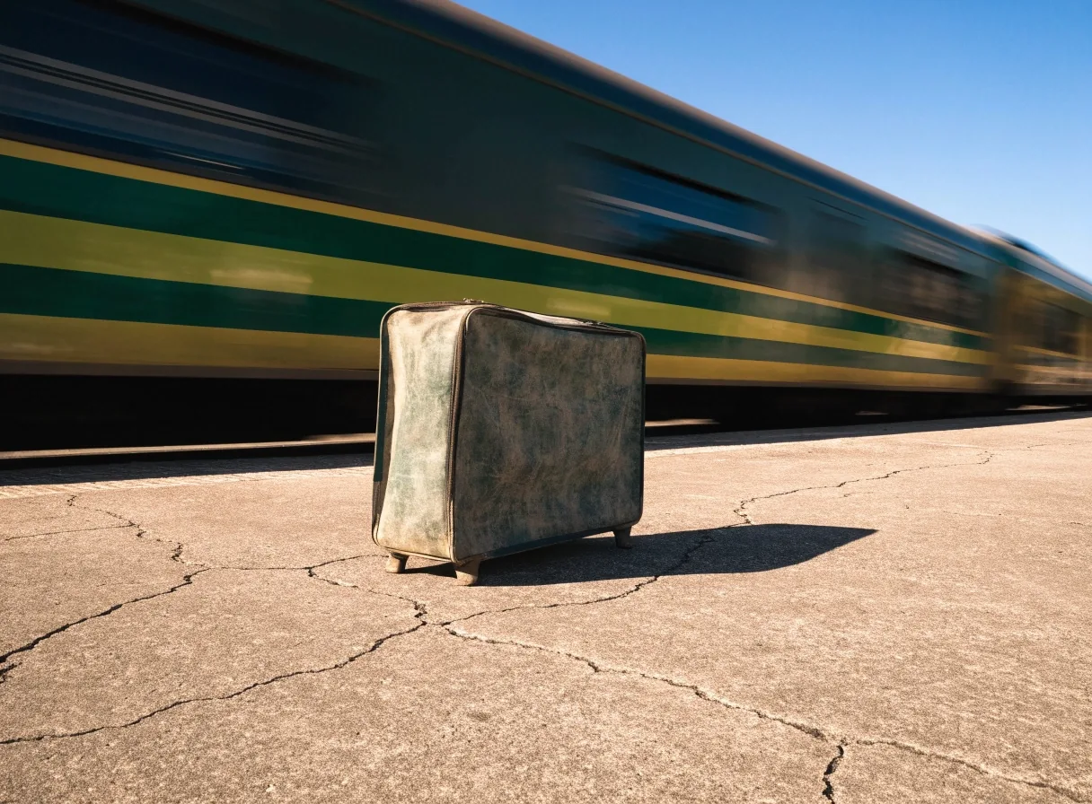 Andén de una estación pequeña de interior con una maleta en primer plano y el tren pasando desenfocado al fondo