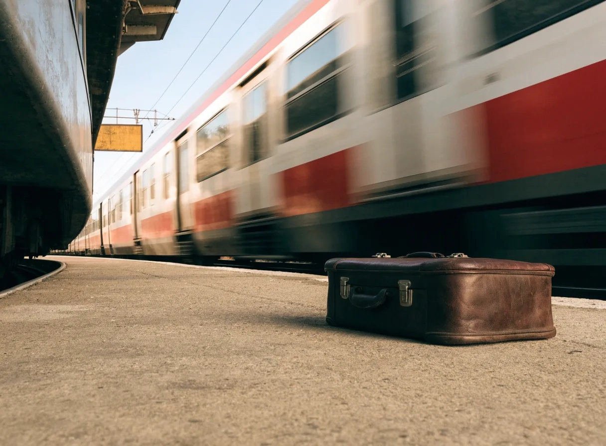 Andén de una estación pequeña con una maleta en primer plano y un tren pasando desenfocado