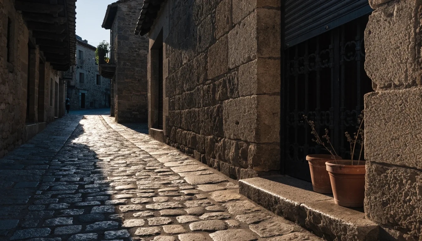 Calle estrecha de una comarca de Castilla y León a primera hora, con luz rasante entrando por la izquierda