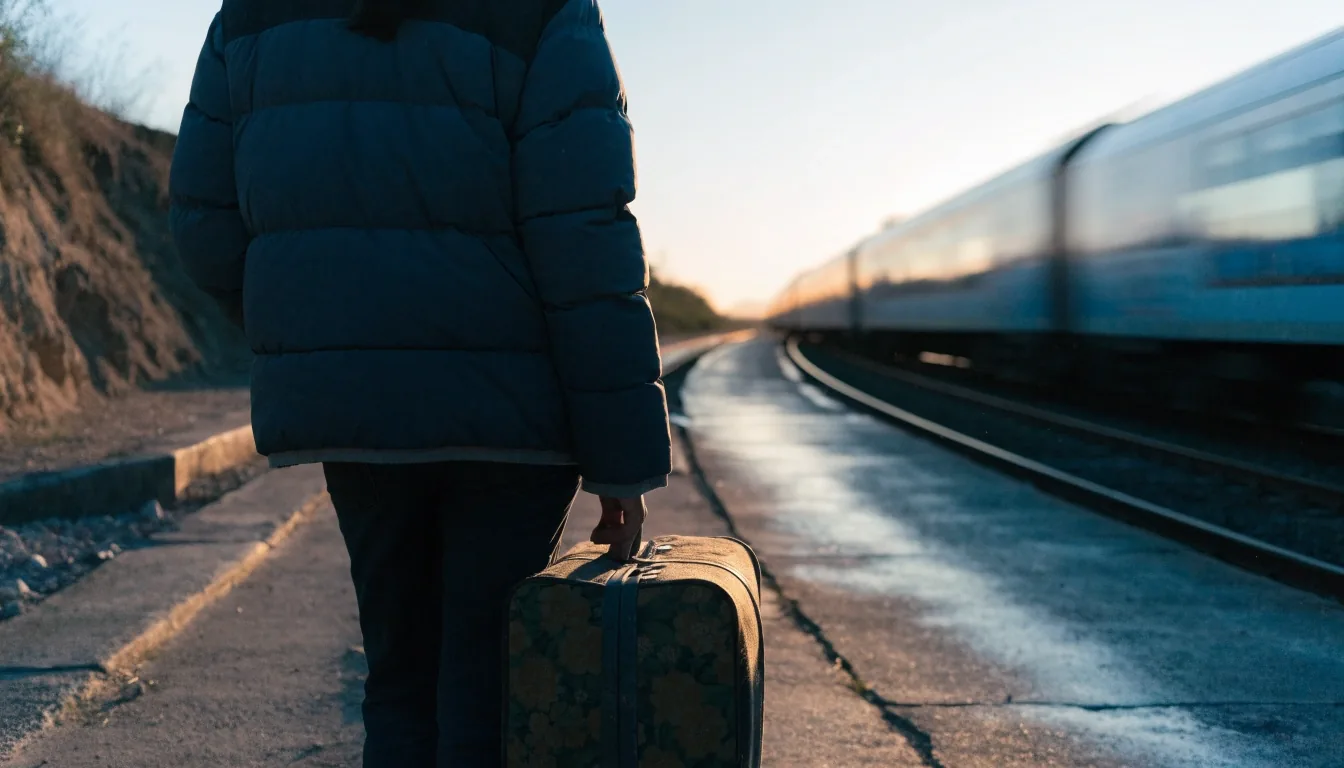 Andén de estación comarcal al amanecer con una maleta en primer plano y un tren desenfocado al fondo