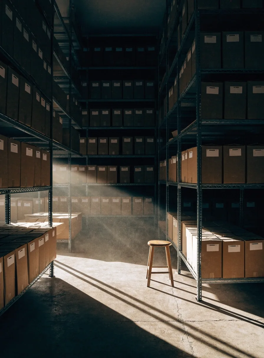 Interior de una biblioteca provincial con luz diagonal por la ventana alta y carpetas de papel sin identificar