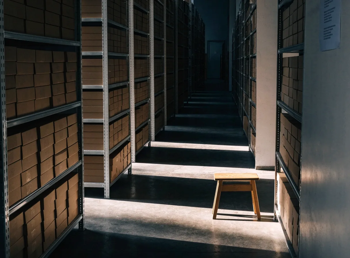 Interior de un registro provincial con estanterías de carpetas de papel y una banda de luz diagonal