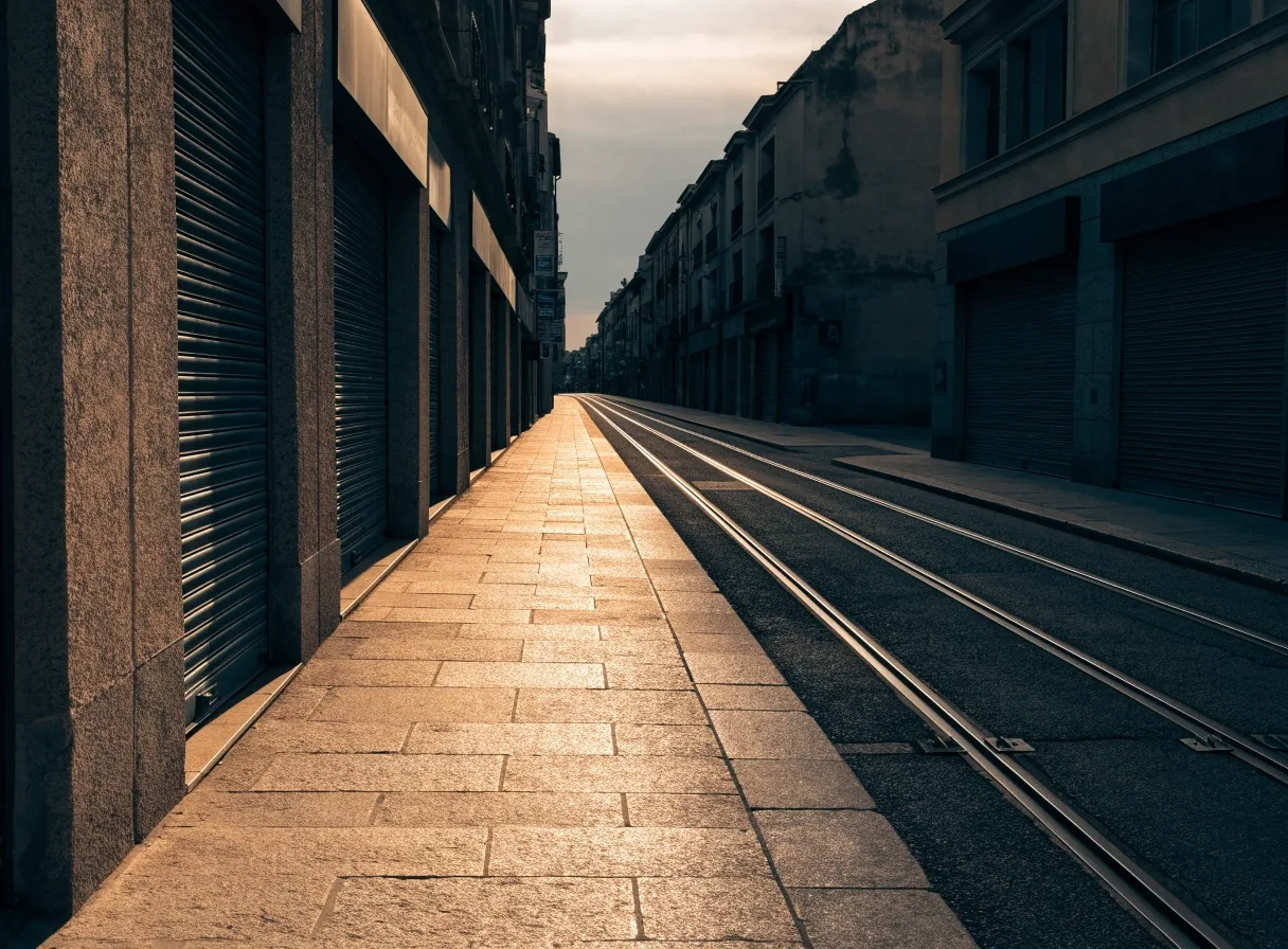 Calle comercial amplia en Cataluña a primera hora, con persianas metálicas bajadas y raíles de tranvía