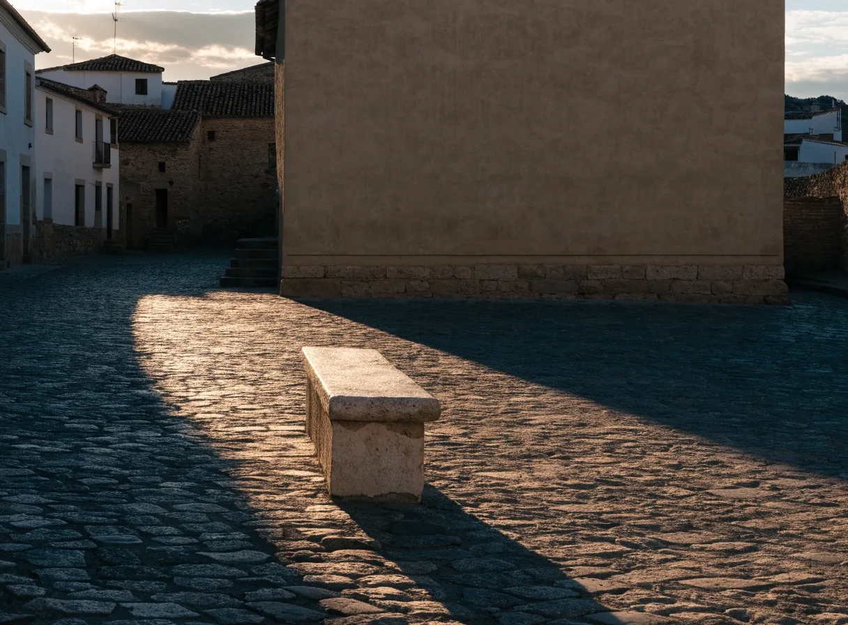 Plaza vacía de un pueblo del interior de Castilla y León con banco de piedra a primera hora de la mañana
